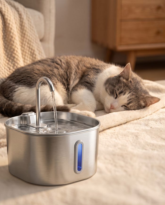 Cat resting peacefully beside the GentleFlow fountain