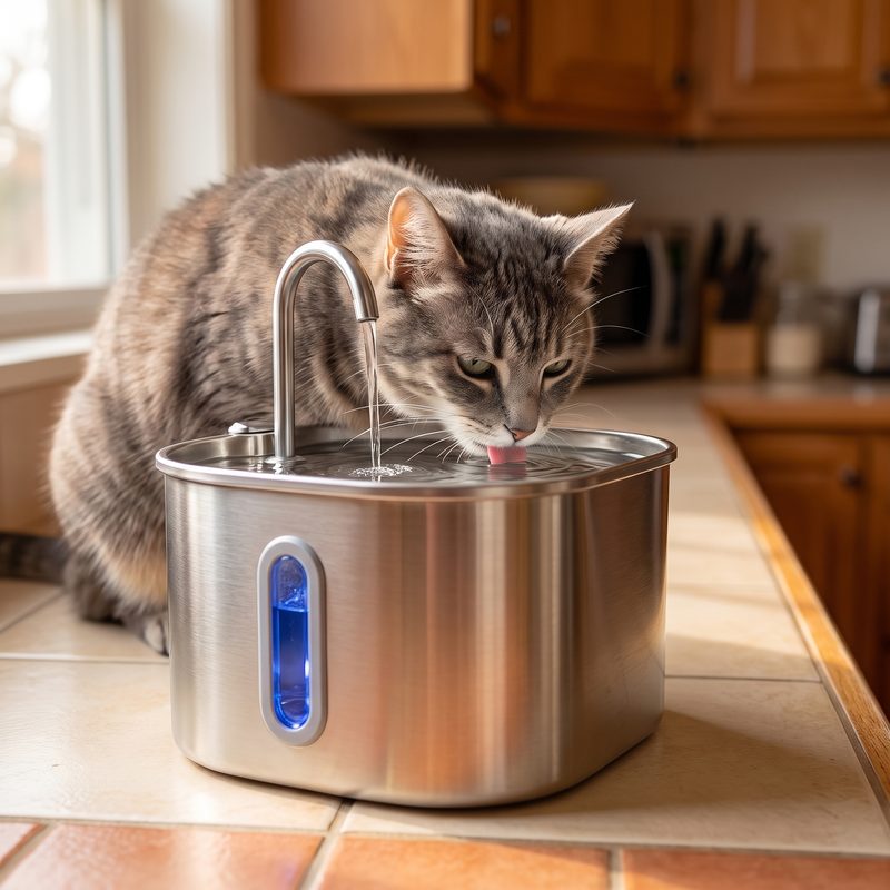 Senior cat mid-drink from the GentleFlow fountain