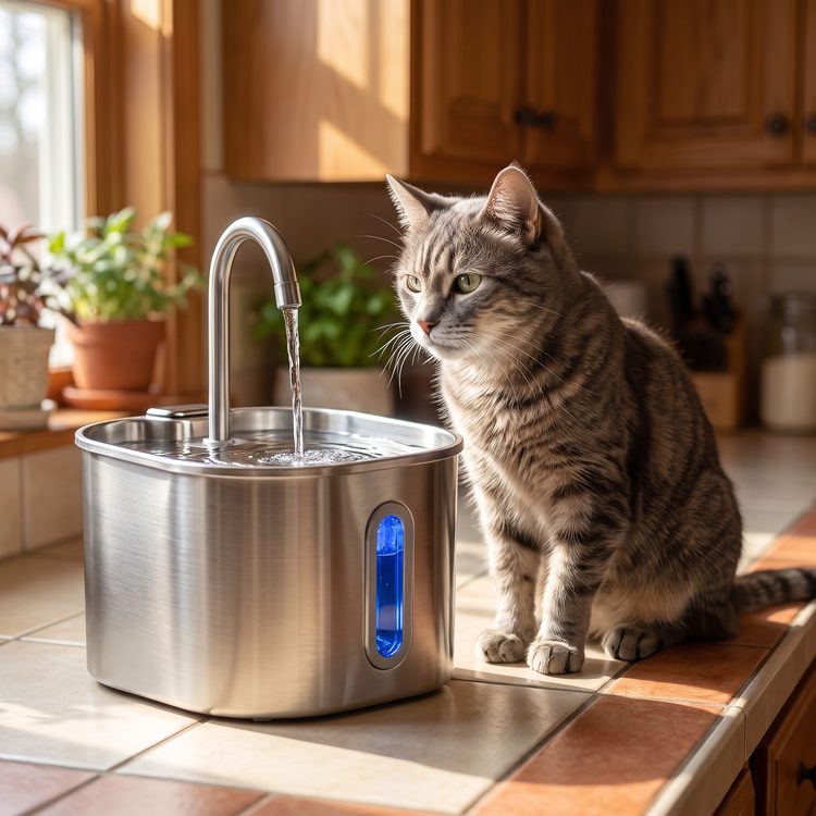 Senior cat calm and content beside the GentleFlow fountain