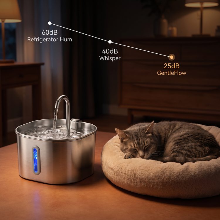 Decibel comparison chart: GentleFlow versus a whisper and a refrigerator hum