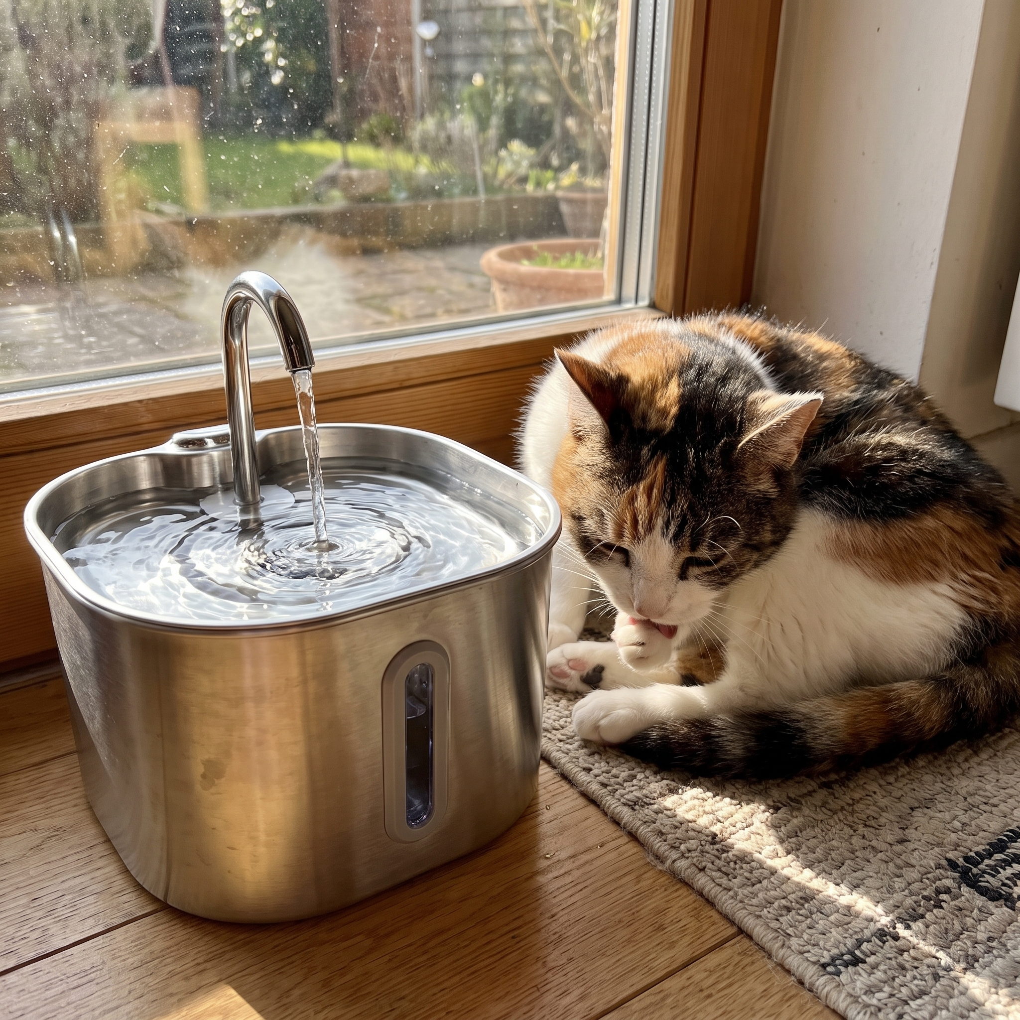Calico cat grooming beside the GentleFlow fountain by a garden window