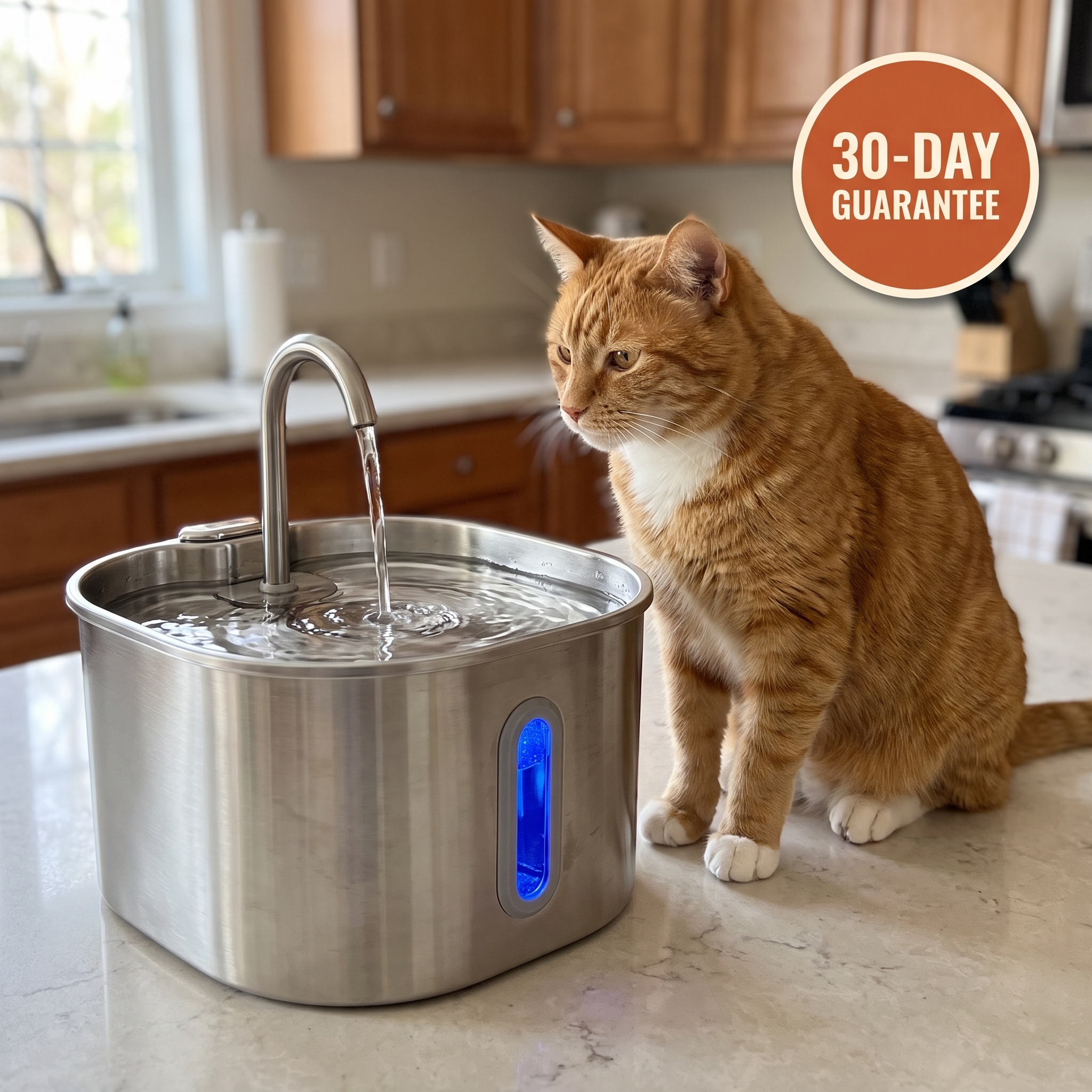 GentleFlow fountain with 30-day guarantee badge
