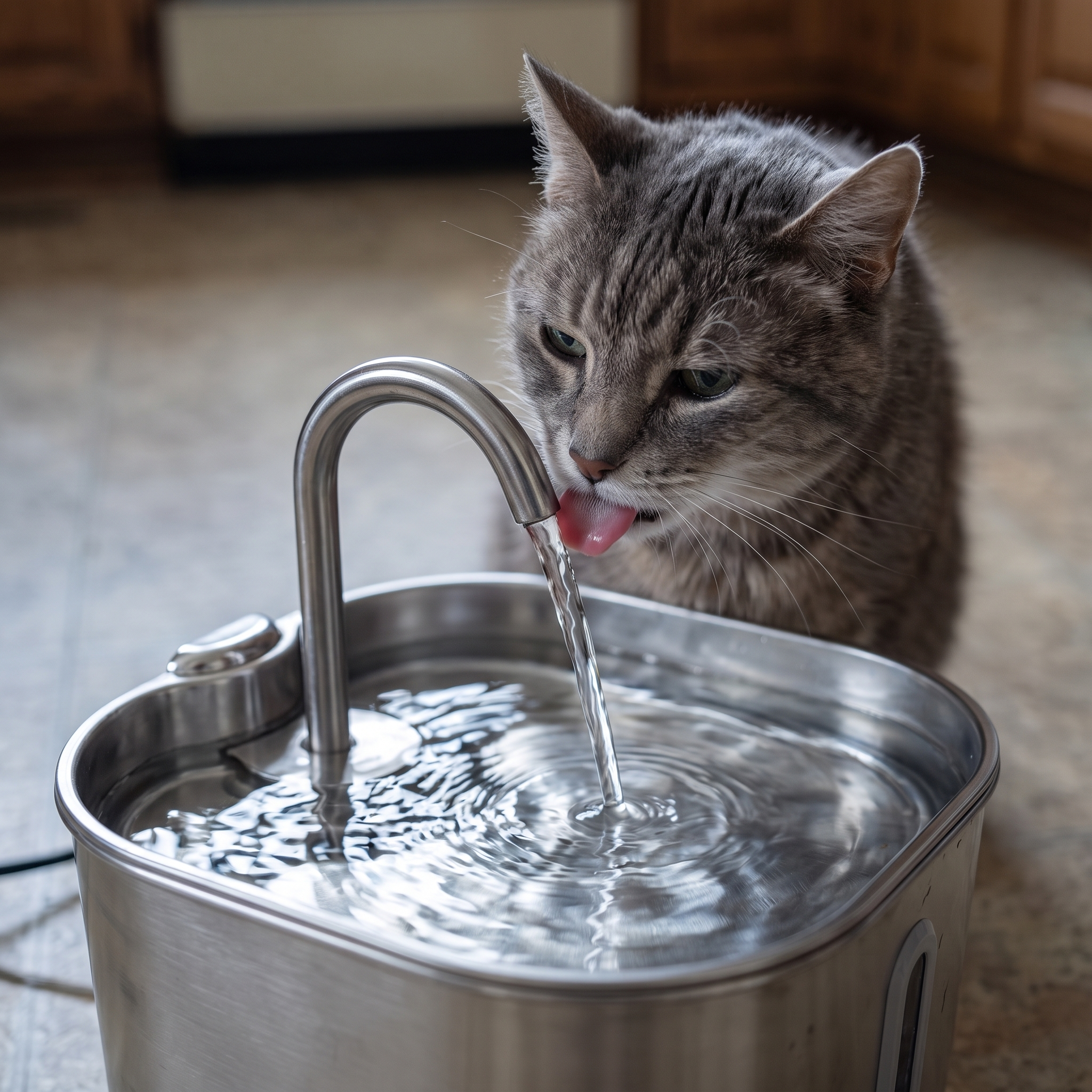 Close-up of a senior cat drinking from the GentleFlow spout