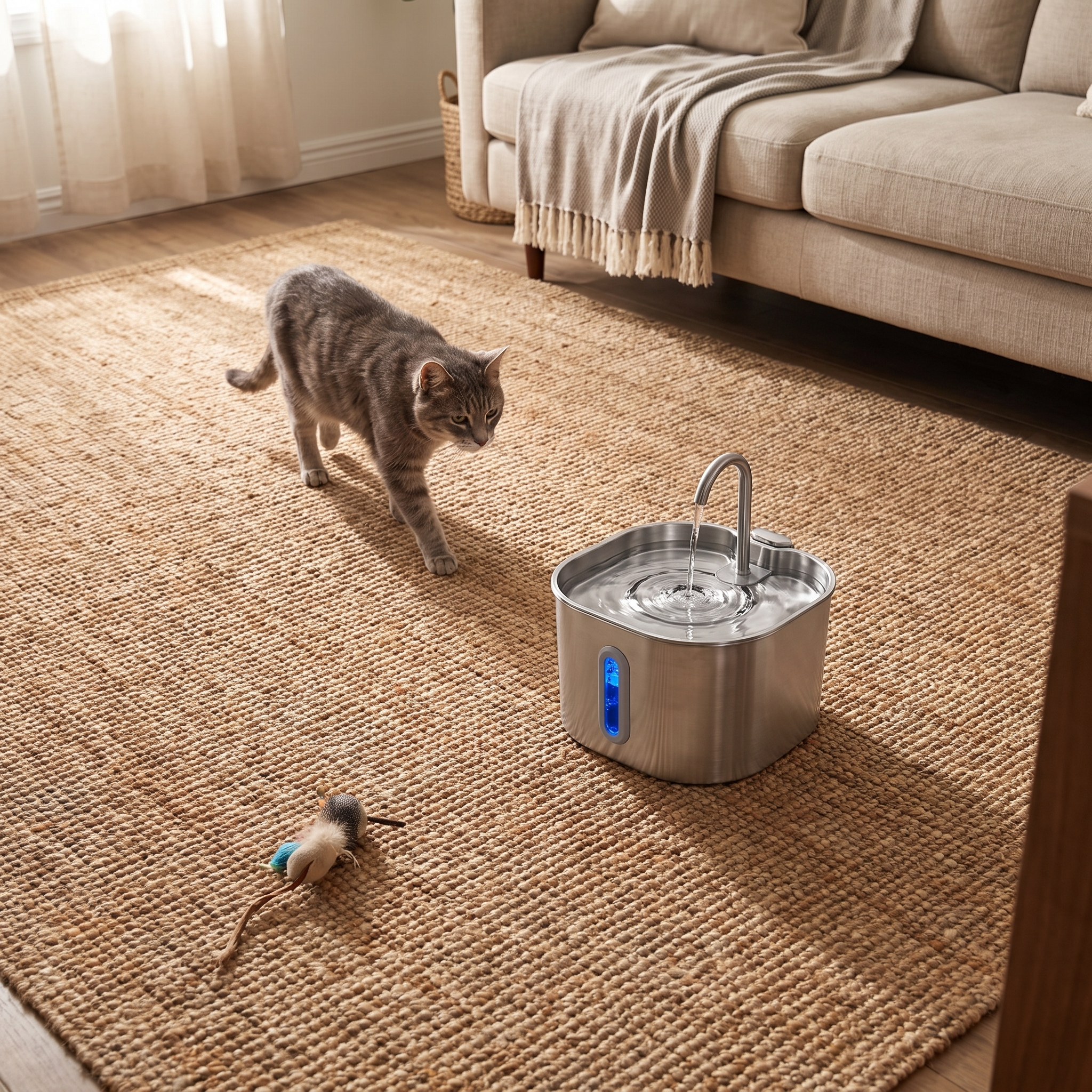 Cat approaching the GentleFlow fountain in a cozy living room