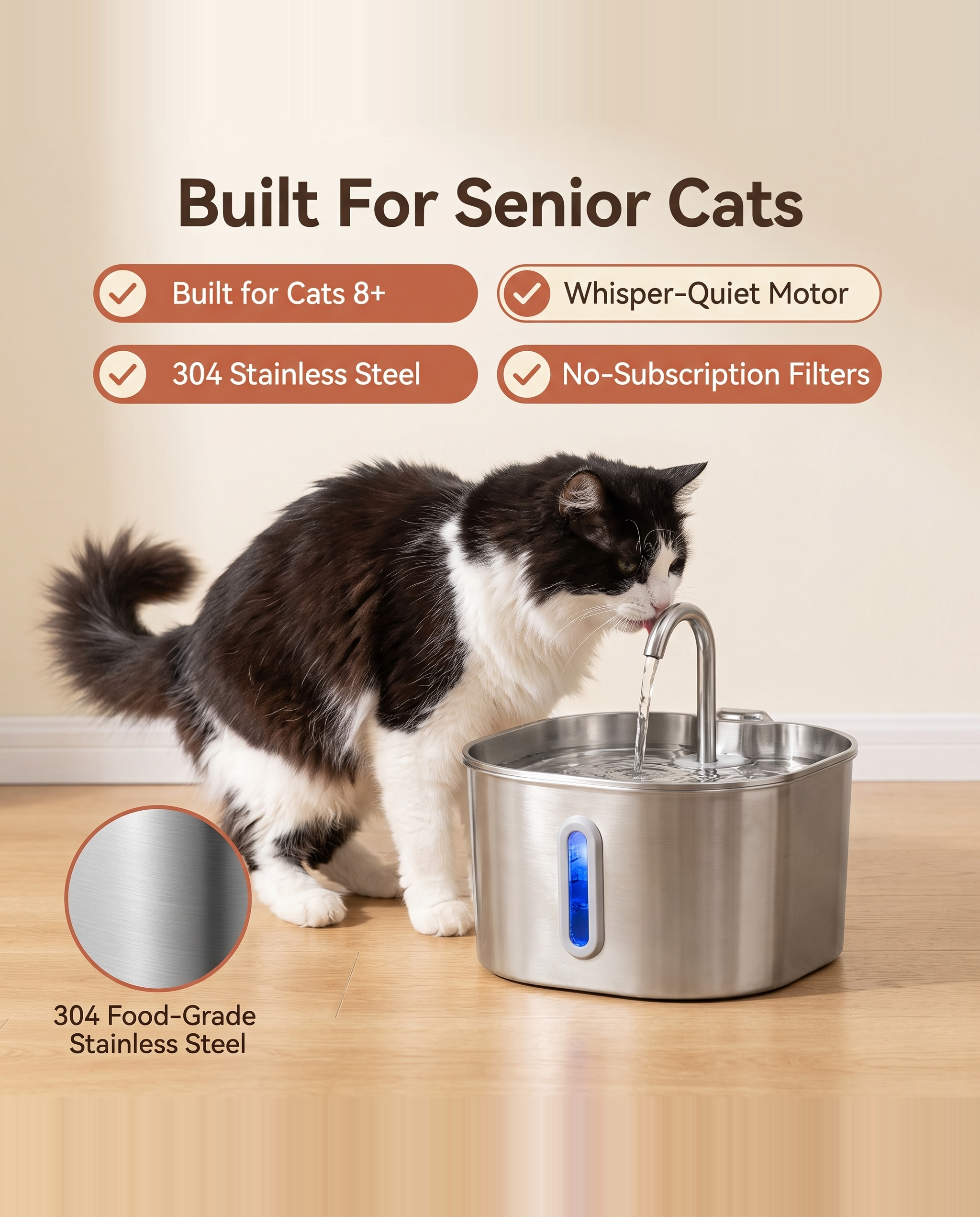 Built for senior cats: 8+ friendly, 304 stainless steel, whisper-quiet motor, no-subscription filters