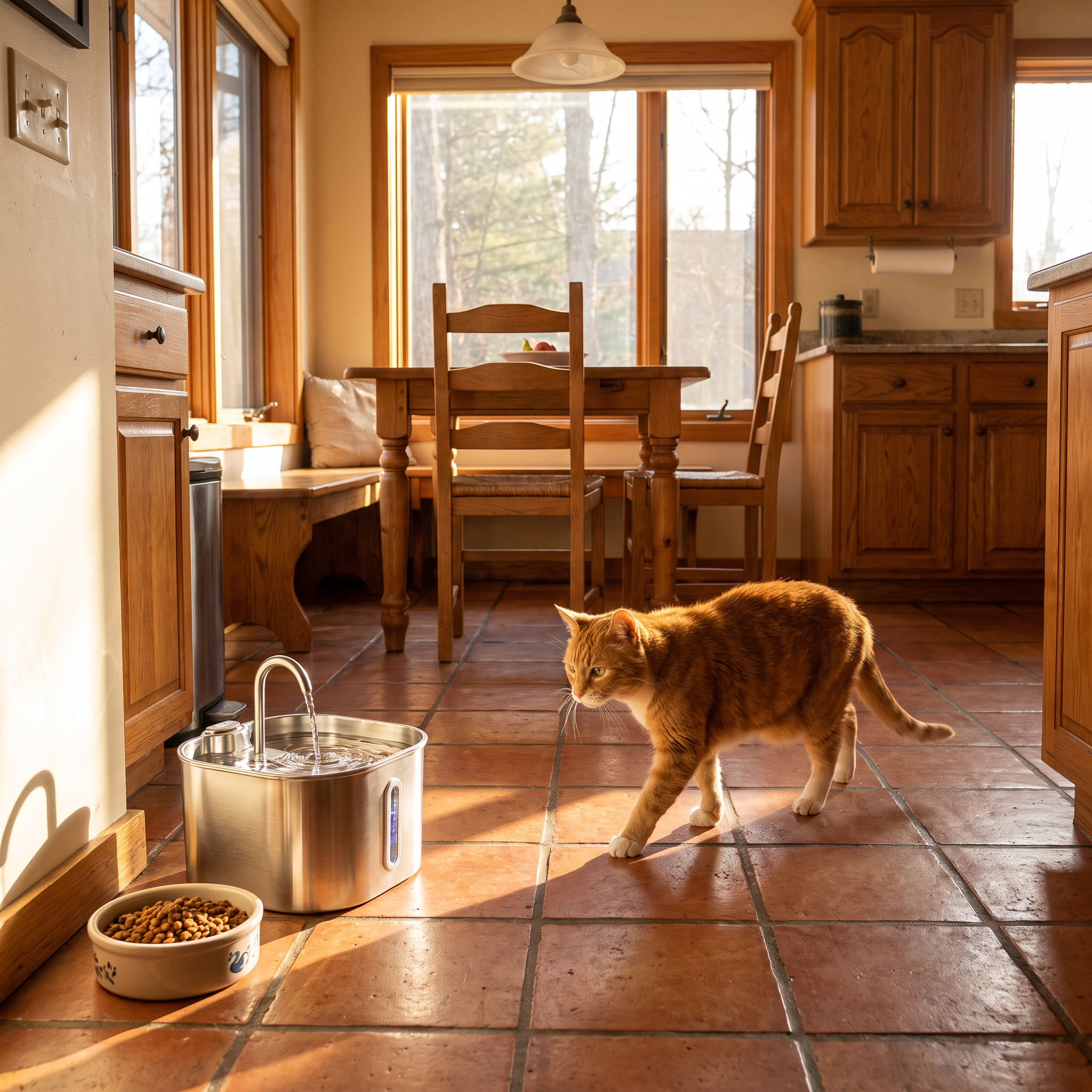Cat walking toward the GentleFlow fountain in a sunlit kitchen