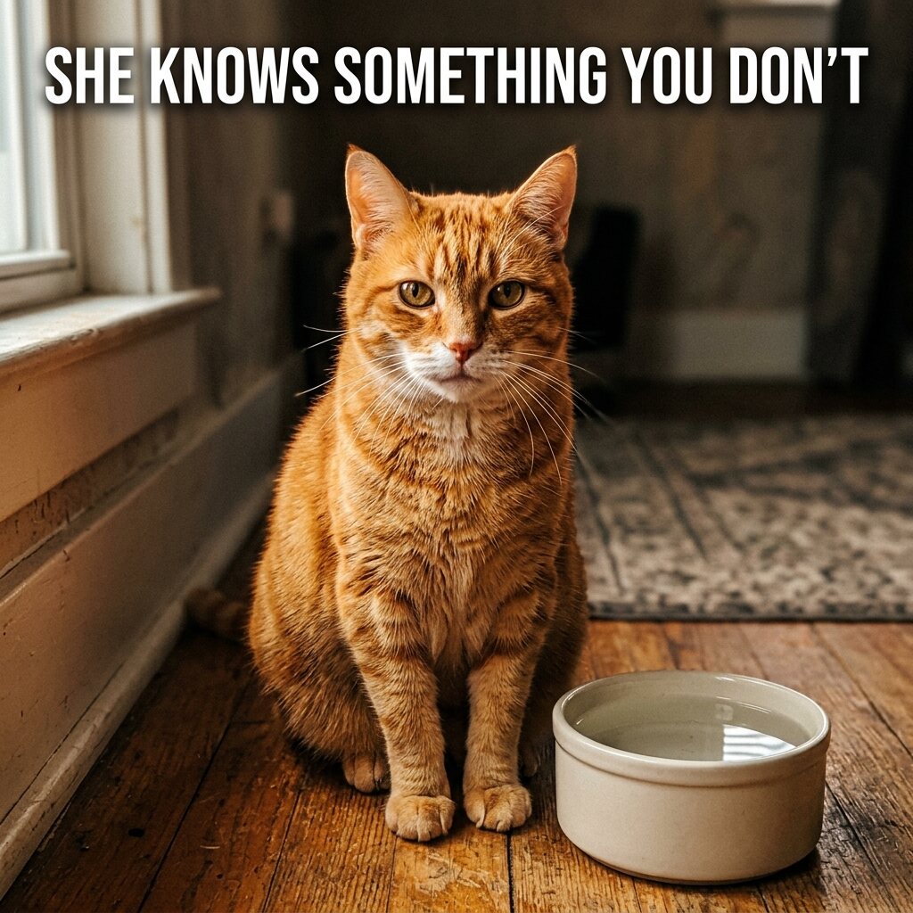 A senior cat looking away from an untouched water bowl