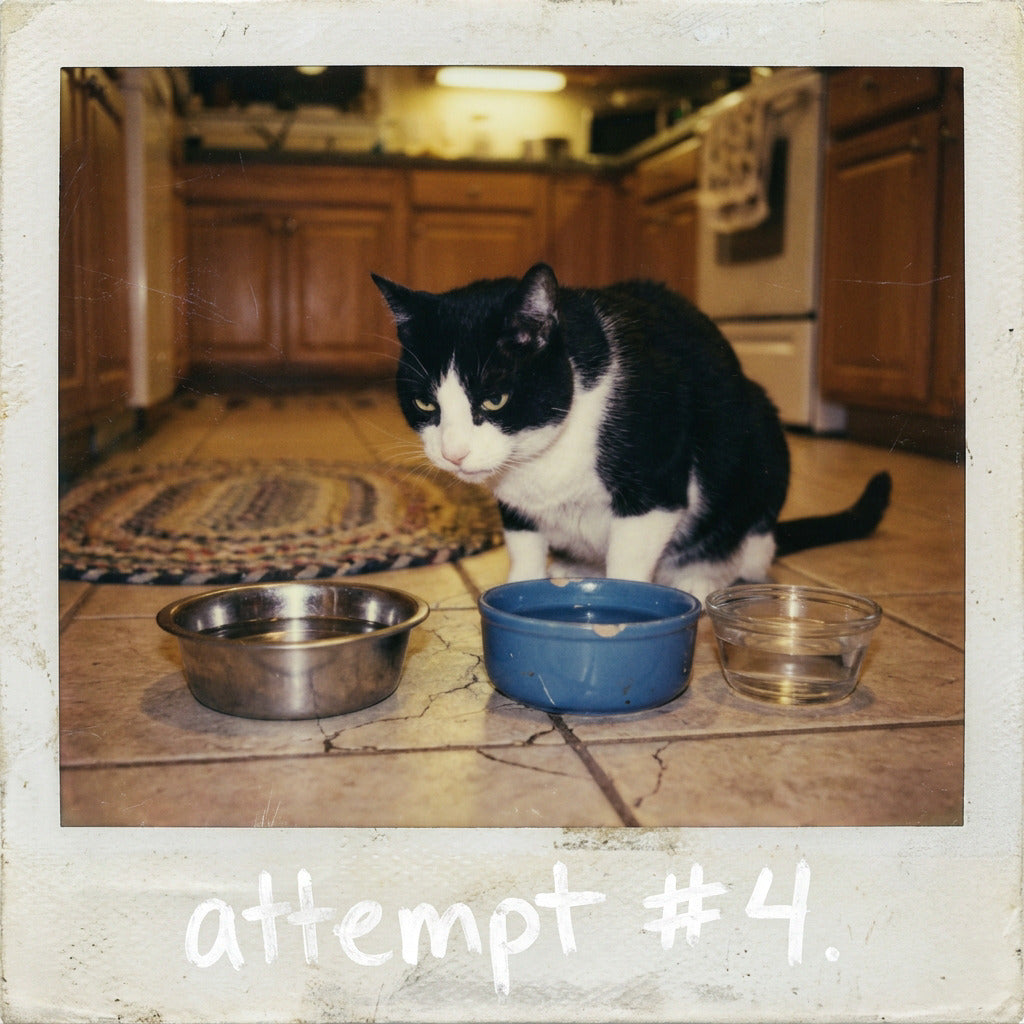 Polaroid-style photo of three different water bowls that were all tried and abandoned