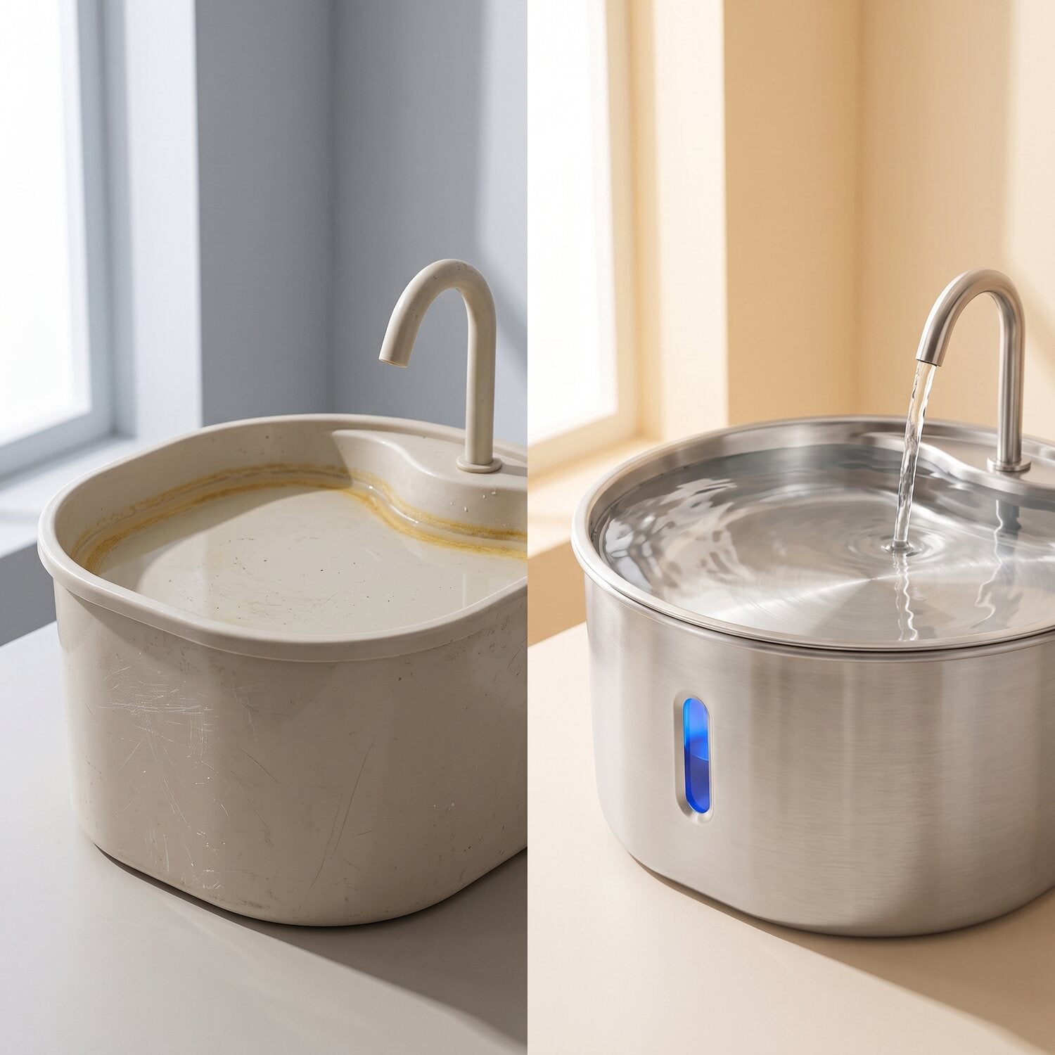 Before and after split showing a grimy standard fountain next to a clean GentleFlow fountain