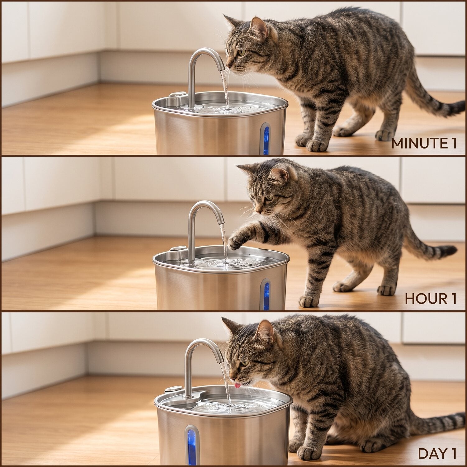 A senior cat approaching, then drinking from, the GentleFlow fountain over the course of a day