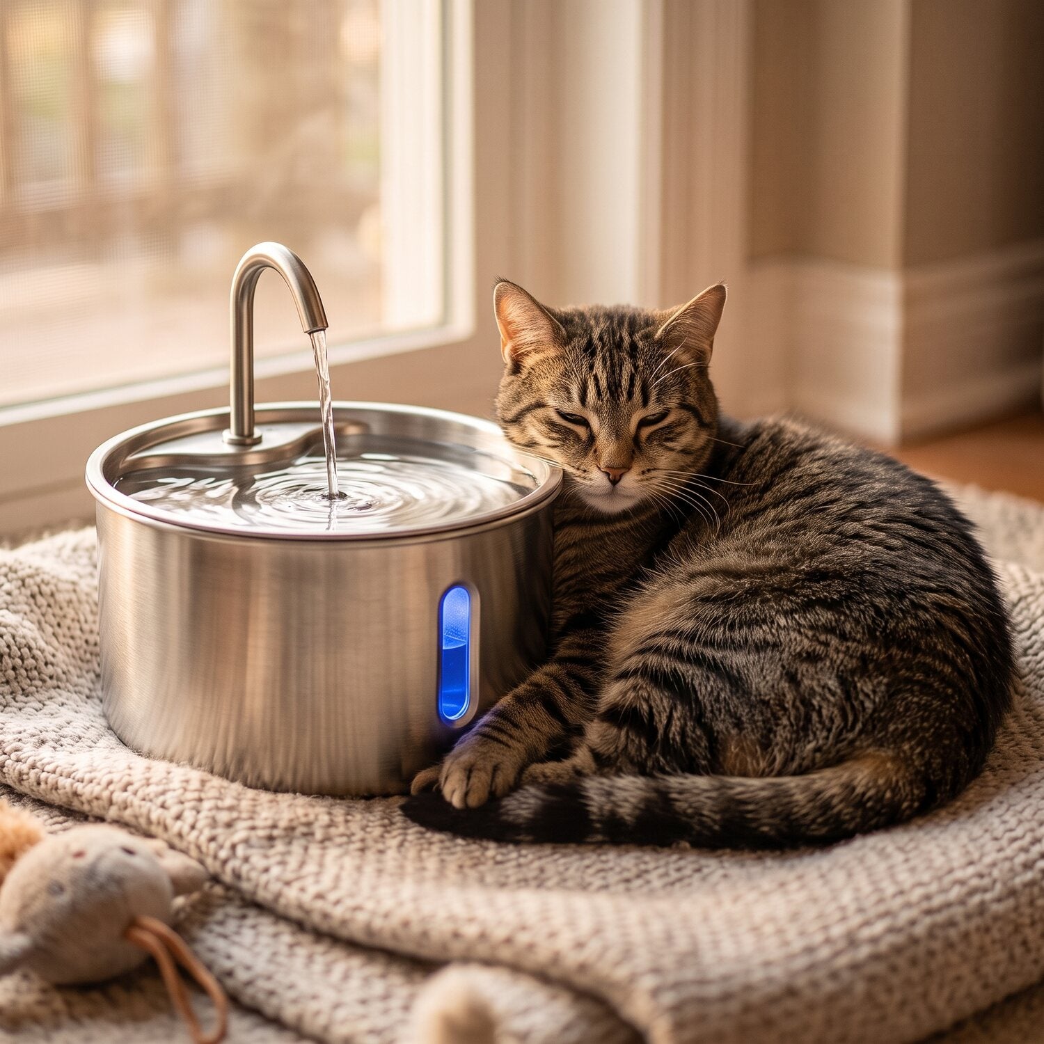 A senior cat resting peacefully beside her GentleFlow fountain